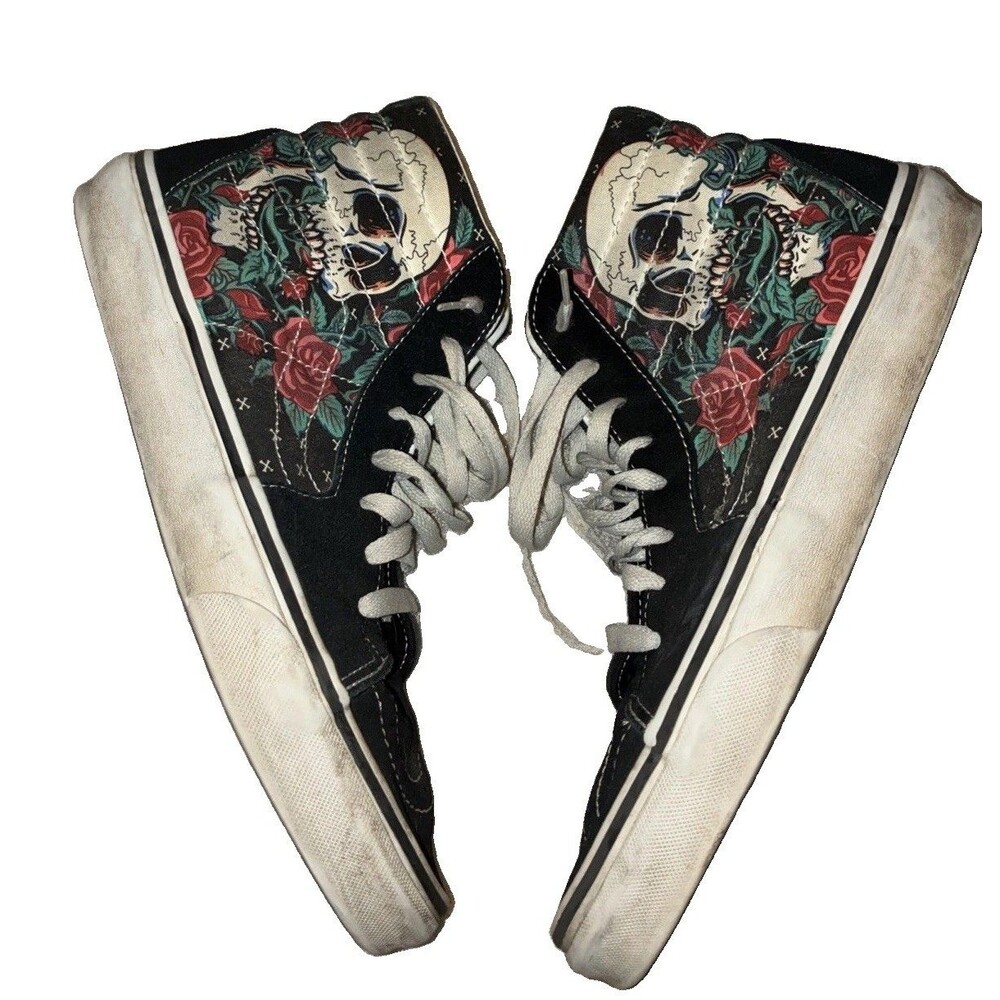Vans Sk8-Hi Rose Skulls Goth Tattoo 10 Black Graphic High Top Skater Grunge Punk